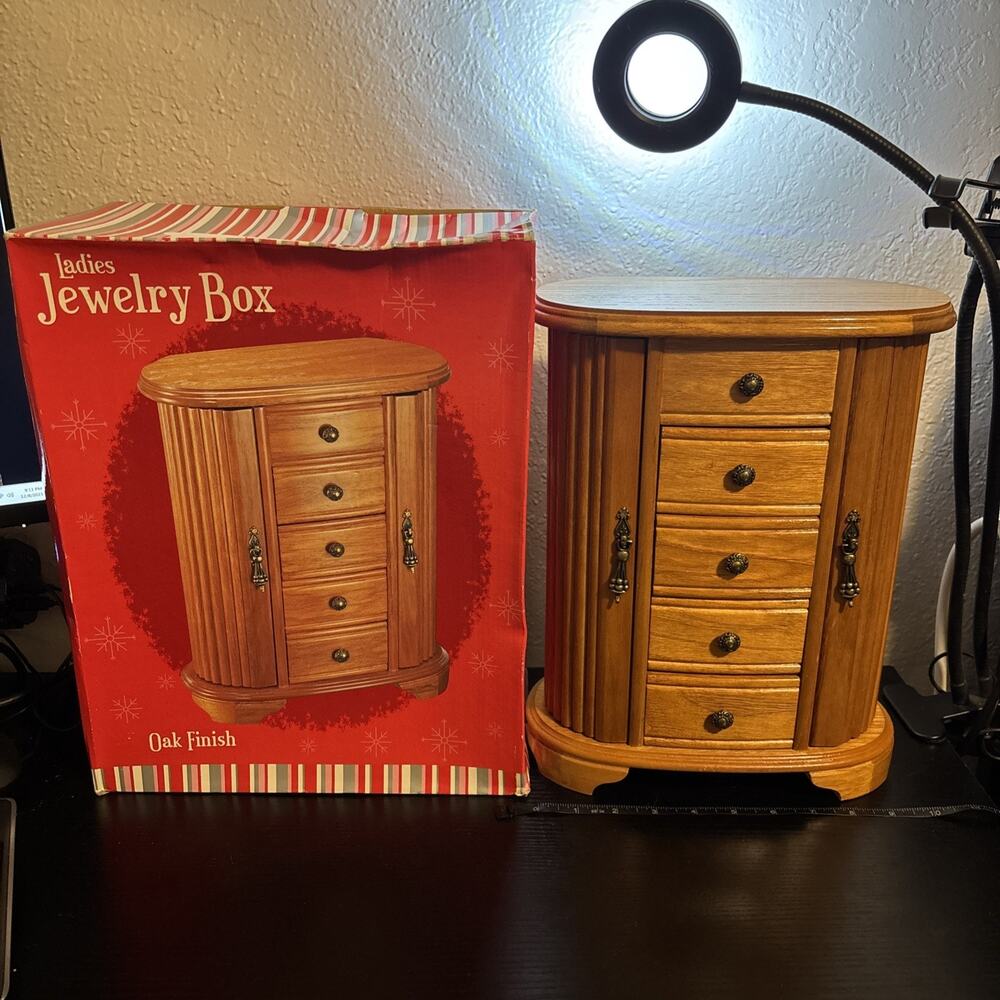 Ladies Kmart Wooden Jewelry Box. Oak Finish. NIB